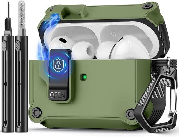 Pohgelan Compatible with AirPods Pro 3 Case,Magnetic Automatic Lock with Cleaning Kit,Compatible with Magsafe Cover-Dark Green