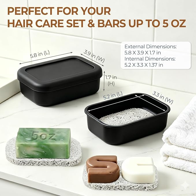 AIMAIAIMAI Silicone Shampoo Bar Travel Case with Drain Pad – Leak Proof Bar Soap Travel Case for 2 Bars, Shampoo & Conditioner Bar Holder for Camping, Gym | 1 Pack, Black