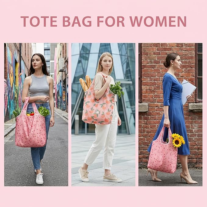4 PCS Large Foldable Reusable Shopping-Bags, Grocery Bags, Cute Foldable Bag, Reusable Shopping Bags, Washable Polyester Bag for Daily Shopping (2 Styles