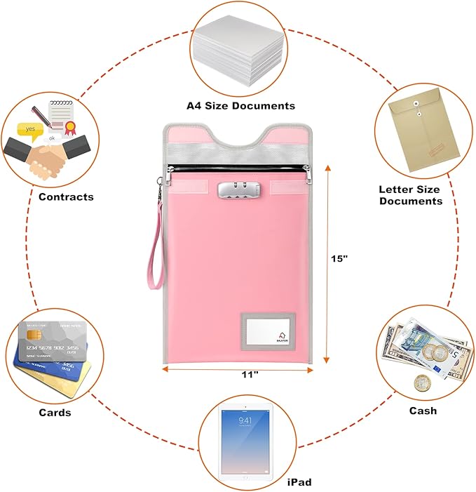 Fireproof Money Bag with Lock (5200℉), 15”x 11”Important Document Organizer Bag, Travel Money Pouch for Valuables,Money,Jewelry,Legal Documents,File and Tablet(Pink)