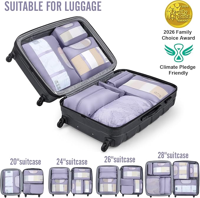 Veken 8 Set Packing Cubes for Travel Essentials,Anti-Wrinkle Buckled Suitcase Organizer for Shoe & Toiletry Bag,Carry On Luggage Bag for Airplane & College Dorm Room Accessories,Women Men Gifts