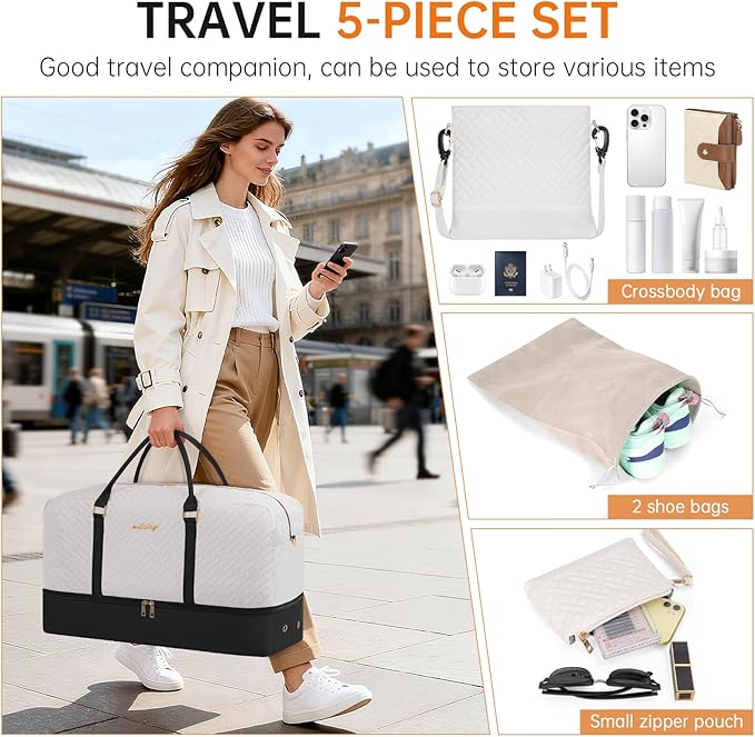 Weekender Bag for Women, 5 Pcs Set Carry on Overnight Bag, 23" Large Travel Duffel Bag with Waterproof Shoe Compartment for Weekend Travel Business Trip