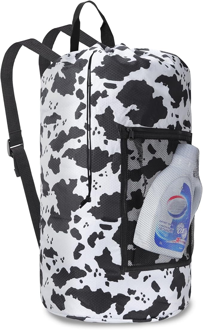 Laundry Bag Backpack Durable Laundry Bag with Shoulder Straps and Mesh Pockets Portable Laundry Hamper Dirty Clothes Bag for College, Travel, Laundromat, Apartment (Cow Print)