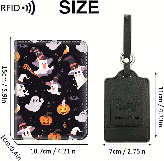Passport Wallet, Passport Holder with RFID Blocking and Luggage Tag, Waterproof PU Leather Travel Documents Organizer Case, Passport Covers with Card Slot for Women & Men, Halloween Spooky Pumpkin