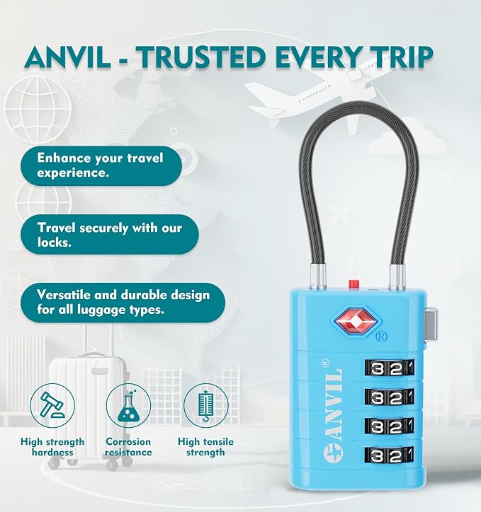 ANVIL TSA Approved Luggage Locks with Search Alert Indicator, 4-Digit Combination Suitcase Lock, Advanced TSA008 Core Heavy Duty Anti-Theft Travel Lock for Double Zippers, Backpacks