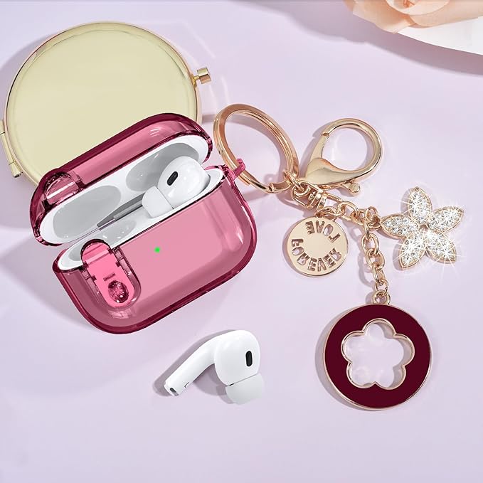 (with Lock) Clear Case Compatible for Cute Apple Airpods Pro1/2 Cases with Bling Keychain, VISOOM TPU Transparency Air pods Pro 1st 2nd Generation Earbuds Bling Keychain for iPod Pro2 1,Burgundy
