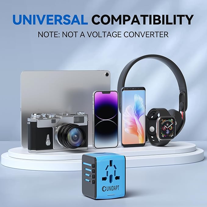 Unidapt Universal Travel Adapter, International Plug Adapter Fast 2,4A 4-USB European Power Plug, AC Wall Charger - Worldwide Outlet for Europe US USA UK EU AUS, Blue