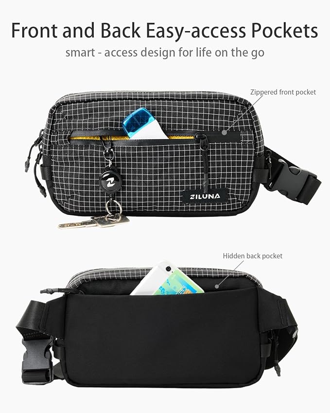 2L Sling Bag for Men & Women - Anti-Theft RFID Blocking Fanny Pack with Lockable Zippers, Water Resistant Lightweight Crossbody Bag for Travel Hiking Running Gym Walking Daily Use(Black Plaid)