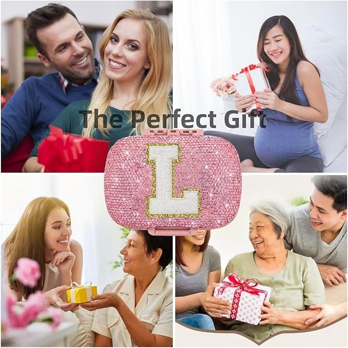 Cute Pill Organizer Small Bling Pill Case for Purse Medicine Vitamin Container Holder Daily Pill Box Container for Women Travel Medicine Kit(Letter L Pink)