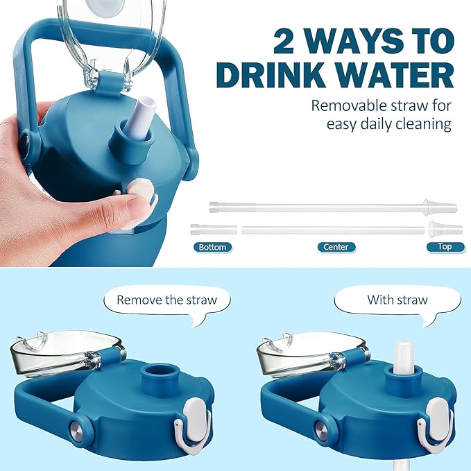 64oz Glass Water Bottles with Straw, Half Gallon Motivational Glass Bottle with Silicone Sleeve and Time Marker, 2L Leakproof Large Glass Water Jug for Gym Home Office,Iron Blue