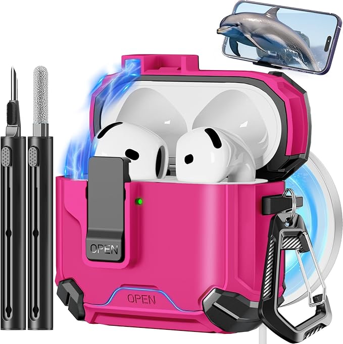 Pohgelan Compatible with AirPods 4 Case,Magnetic Automatic Lock with Phone Stand & Cleaning Kit,Compatible with Magsafe Cover -Rose red