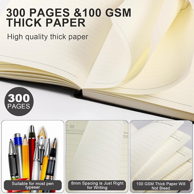 Fetinar Aesthetic Lined Journal Notebook for Women,300 Pages Softcover Leather Lined Journal Notebook,300 Pages Daily Journal, College Ruled Notebook for Work School, Note Taking 5.75''X8.38'' Black