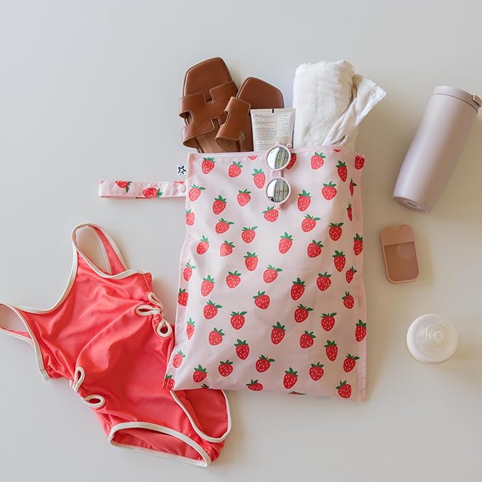 Tiny Twinkle Mess Proof Wet Bags | 2-Pack Reusable Waterproof Wet Bags for Swimsuits | Baby Clothes | Travel & Diaper Bag (Strawberries,Raspberry Gingham)