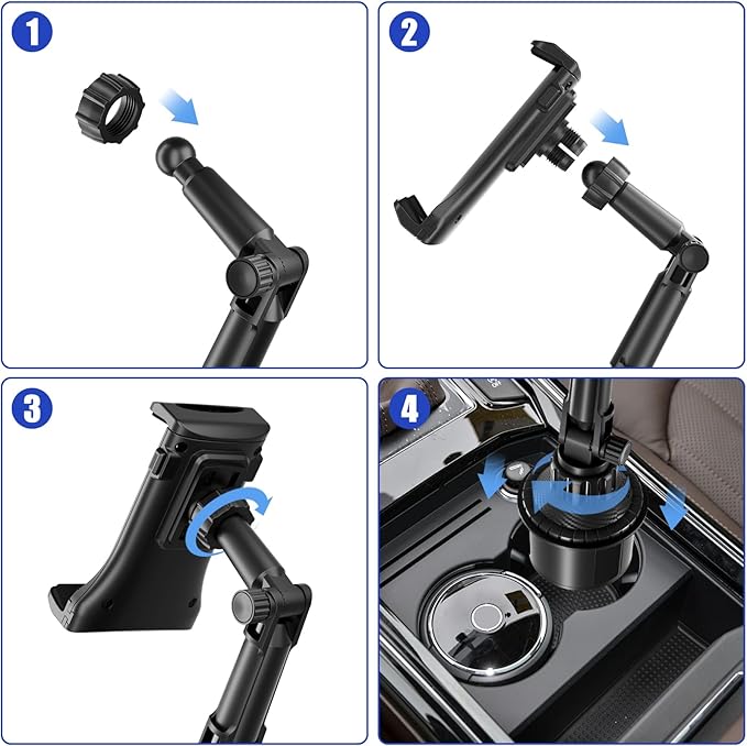 Ipad Holder for Car, Cup Phone Holder, Universal 360° Rotation Adjustable Long Arm, for 4"-13" Cell Phone iPhone iPad, Travel Accessories