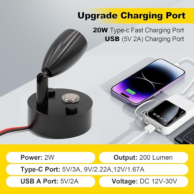 12V LED RV Interior Reading Light, Dimmable, with Dual USB Ports, RV Bedside Reading Light with Touch Switch, for Campers and Travel Trailers