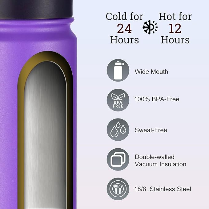 mininoo 24 oz Insulated Water Bottle with Straw Lid, Stainless Steel Double Wall Vacuum, Leak Proof, BPA Free, Keep Cold for 24H & Hot for 12H-2 pack(Purple)