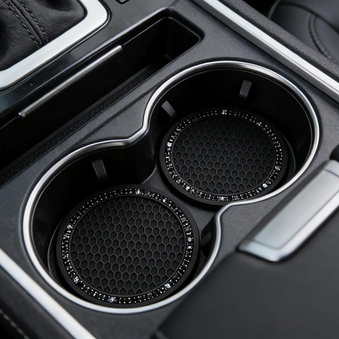 Yousheng PCS Bling Car Cup Coaster, Universal Holder Insert Rhinestone Anti Slip Silicone Accessories Suitable for Most Interior, Best Gift Women, Black and Black