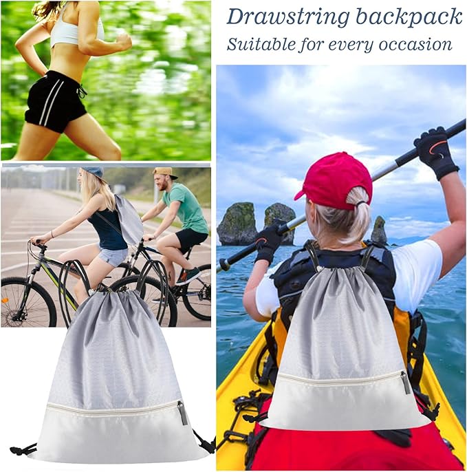Drawstring Backpack Bag, Waterproof Draw String Back Sack with Zip Pocket, Gym Drawstring Bags Swim Bag for Men Women
