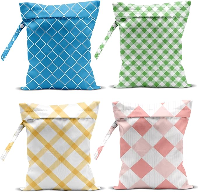 Wet Bag, 4Pcs Wet Dry Bag Set, Reusable Waterproof Bags with Mixed Diamond Lattice & Plaid Prints for Women, Versatile for Beach, Pool & Daily Use
