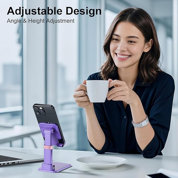 Phone Stand for Desk, Cell Phone Holder Adjustable Cellphone Tablet Stand for Desk Height Angle Adjustable Compact Design for iPhone iPad Android Devices Under 12" (Purple, 1Pack)