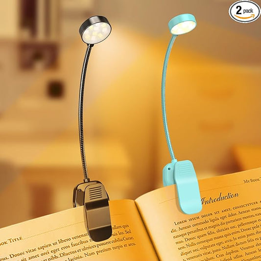 KTEBO Rechargeable Clip-On Book Light, 10-LED Bed Reading Lamp with 3 Color & 3 Brightness, USB-C, Up to 30-Hour Runtime, 360 Degree Gooseneck, Ultralight 1.4oz, Great Stocking Stuffers, Black & Blue