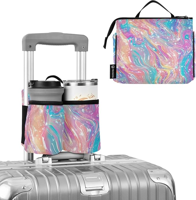 Luggage Cup Holder for Suitcases Free Hands Suitcase Cup Holder Travel Luggage Drink Holder Portable Luggage Cup Caddy Bag Carrier with Handle Pink Liquid Gradient