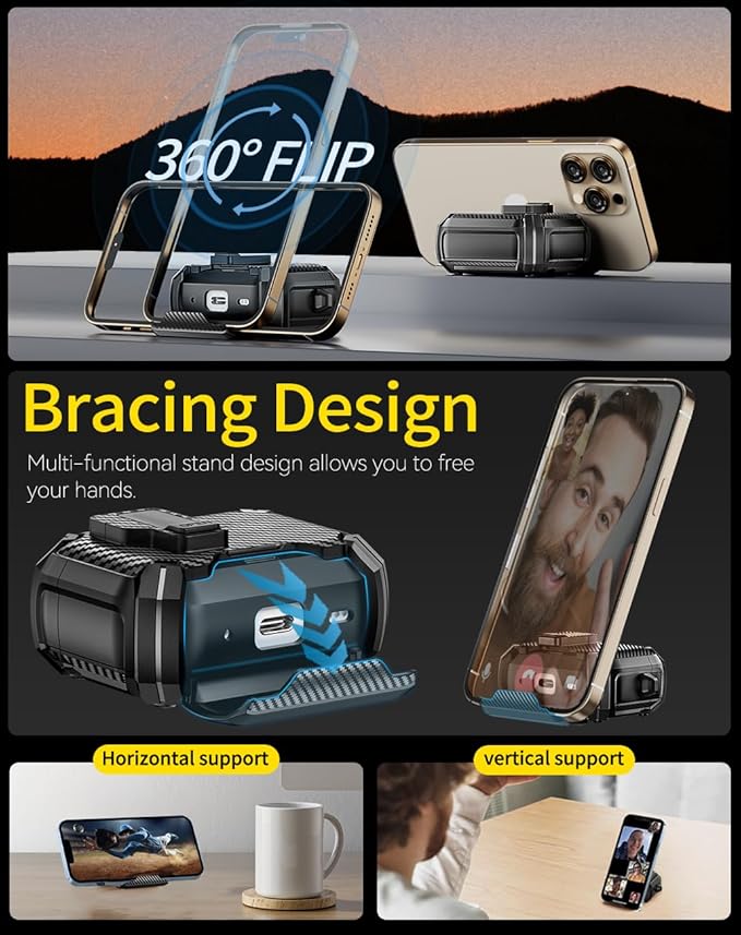 Pohgelan Compatible with AirPods 4 Case,Magnetic Automatic Lock with Phone Stand & Cleaning Kit,Compatible with Magsafe,Carbon Fiber Texture Cover -Black