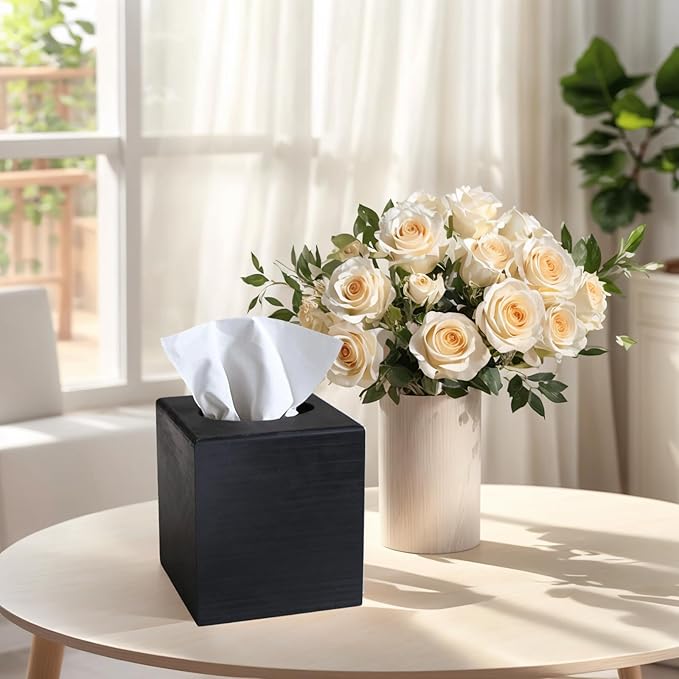 S310 Wood Tissue Box Cover, Square Tissue Box Holder with Slide-Out Bottom, Wooden Cube Tissue Covers Tissue Holders for Bathrooms Office Kitchen, Black