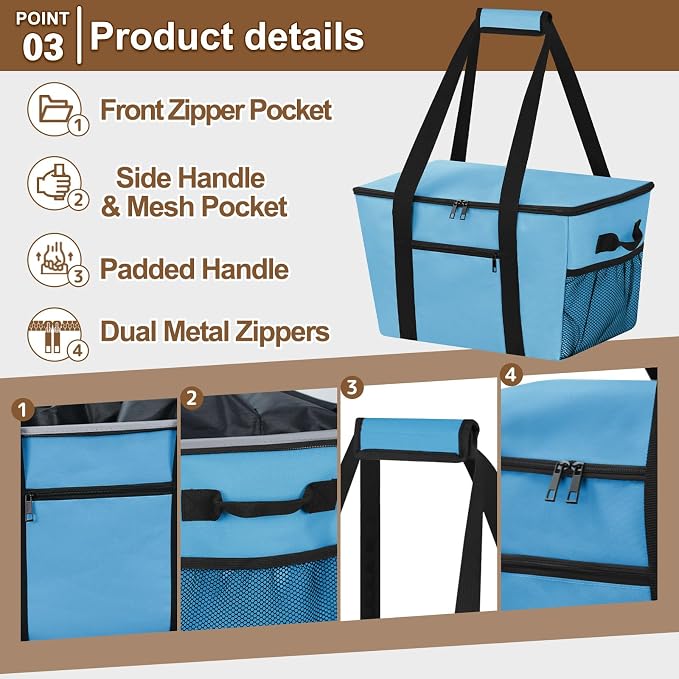 Reusable Grocery Bag – Expandable Insulated Cooler Bag with Bottom Board, Collapsible Insulated Shopping Bag with Zipper & Drawstring, Heavy Duty Tote Bag for Shopping, Delivery, Picnic, Beach