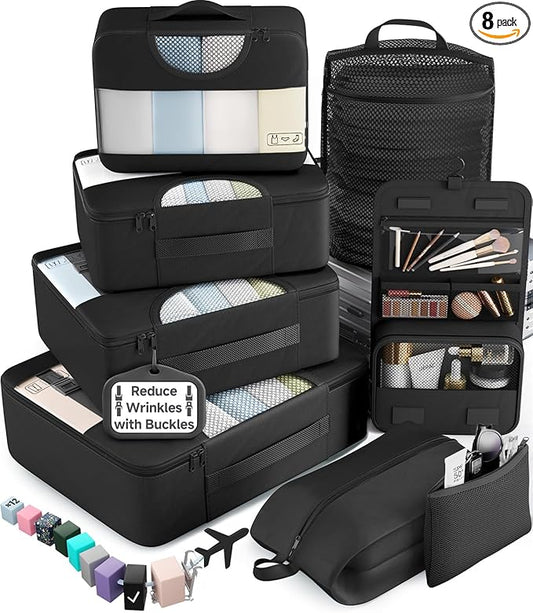 Veken 10 Set/8 Set Packing Cubes for Travel Essentials,Anti-Wrinkle Buckled Suitcase Organizer for Shoe & Toiletry Bag,Carry On Luggage Bag for Airplane & College Dorm Room Accessories,Women Men Gifts
