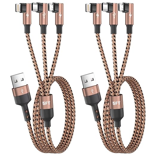 90 Degree USB Multi Charging Cable, 3 in 1 USB Cable for iPhone 17 Charger/ IP/Micro Port, Cruise Travel Essentials Right Angle Sideways Multi Charger Portable Designed for Phone Accessories 5FT 2Pack