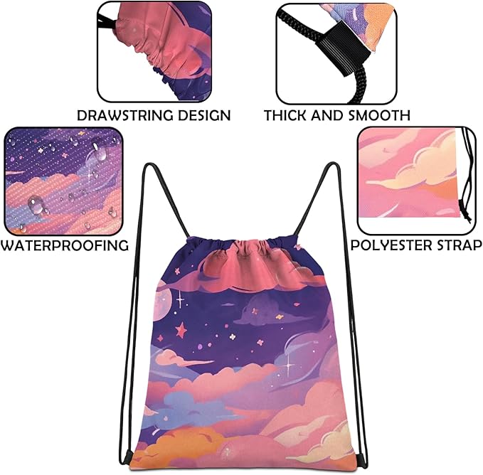 Drawstring Backpack Draw String Sports Bags for Gym Travel Beach Waterproof Cute Sackpack Men Women Aesthetic (13"×17")-Pink Cloud