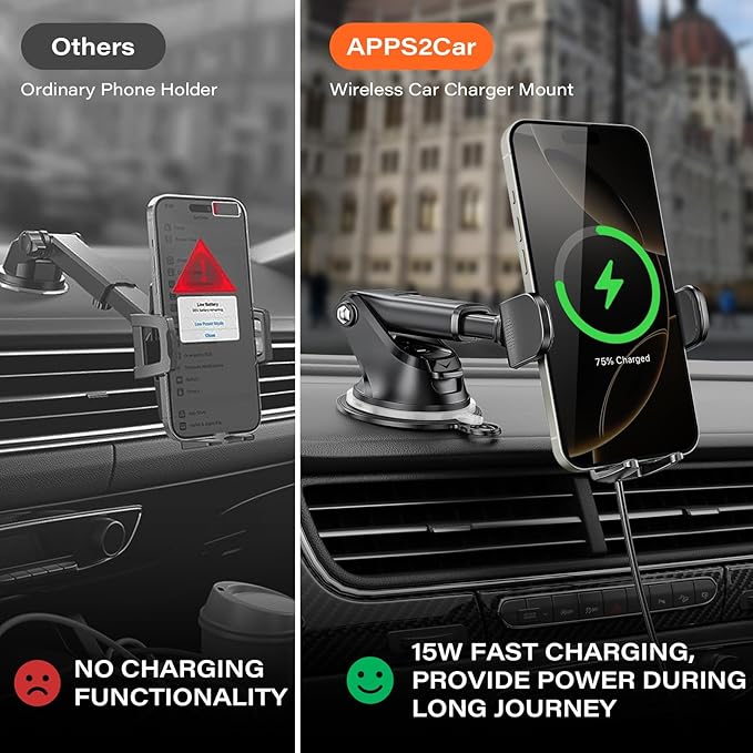 APPS2Car Suction Phone Mount Wireless Car Charger, 15W Dashboard Wireless Charger for Car, Compatible with iPhone, Samsung, LG and More
