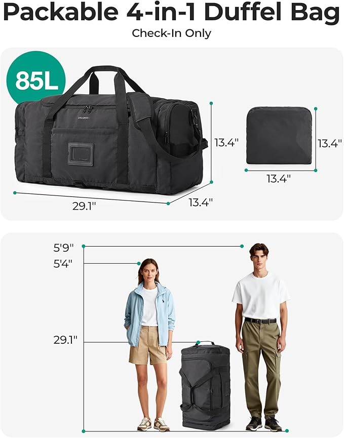 BAGSAMRT 85L Foldable Duffle Bag for Travel, Large Travel Duffel Bag for Men, 4 in 1 Travel Backpack, Carry on Weekender Bag, Black