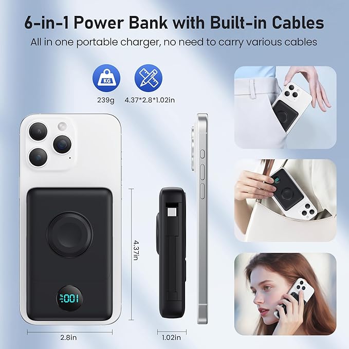 Ekrist Magnetic Portable Charger for MagSafe with Built-in Cable,iWatch Charger,Wireless Power Bank Travel Essentials,25W Fast Charging Battery Pack for iPhone 17/16/15,Apple Watch(Navy,10800mAh)