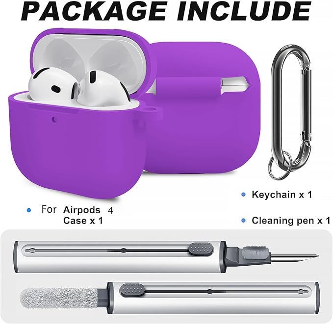 Silicone Case Cover for AirPods 4th Gen, Soft Skin, Full Protection, Keychain, Cleaner Kit (Purple)