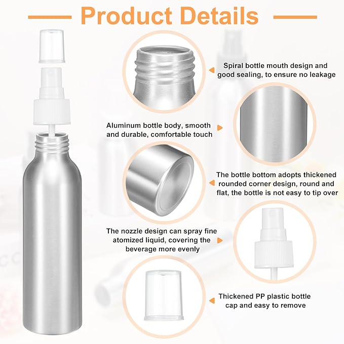 HARFINGTON 3pcs Aluminum Fine Mist Spray Bottles 120ml/4oz Metal Small Liquid Alcohol Refillable Travel Container with White Plastic Nozzle Cap for Perfume Skincare Cosmetic Storage Bottle