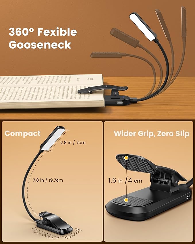 Glocusent 13 LED Rechargeable Book Light for Reading at Night, Eye-Caring 3 Amber Colors & Stepless Dimming, Lasts 1 Week to 2 Months, Travel Clip on Lamp, Gifts for Book Lovers, Men, Women & Kids