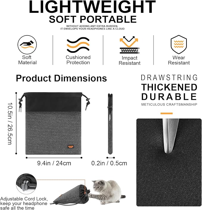 Lightweight Headphone Storage Bag, Portable Headset Carrying Pouch Headphone Case Bag Soft Travel Pouch for Over-Ear Headphones/Gaming Headsets/Neckband Earbuds (Large Grey)