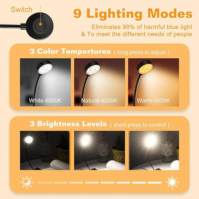 KTEBO Rechargeable Book Light for Reading in Bed, Eye Caring Book Reading Lamp with 10 LED Modes, 1.3 oz Lightweight Portable Clip on Light, 360 Adjustable Clamp Light Perfect for Readers