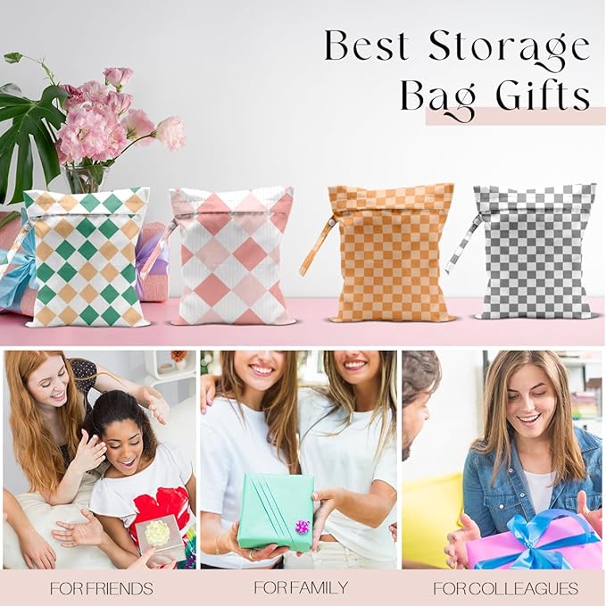 Wet Bag, 4Pcs Wet Dry Bag Set, Reusable Waterproof Bags with Multi-Color Plaid for Women, Fit for Beach Trips, Pool Days, Short Travel & Daily Essentials Storage