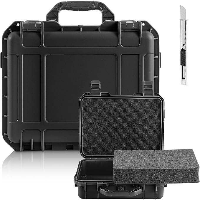 Relaxweex 1 Pcs Waterproof Hard Case with DIY Customizable Foam Insert Portable Protective Case with Knife for Camera Drones Equipments Tools Test Instruments(Black,11.3 x 8.7 x 4.2 Inch)
