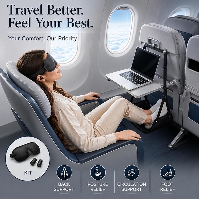 Airplane Foot Hammock for Plane Travel Essentials, Adjustable Foot Rest for Long Flights, Portable Airplane Footrest with Eye Mask & Ear Plugs, 3-in-1 Travel Comfort Kit