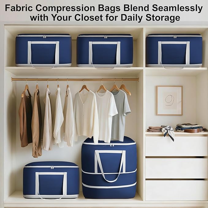 Comforter Storage Bag - 120L Bedding Storage Bags for Moving Closet, Washable Blanket Storage Bag, Ultra Space Saving Self Compression Organizer, 2-Pack, Navy Blue