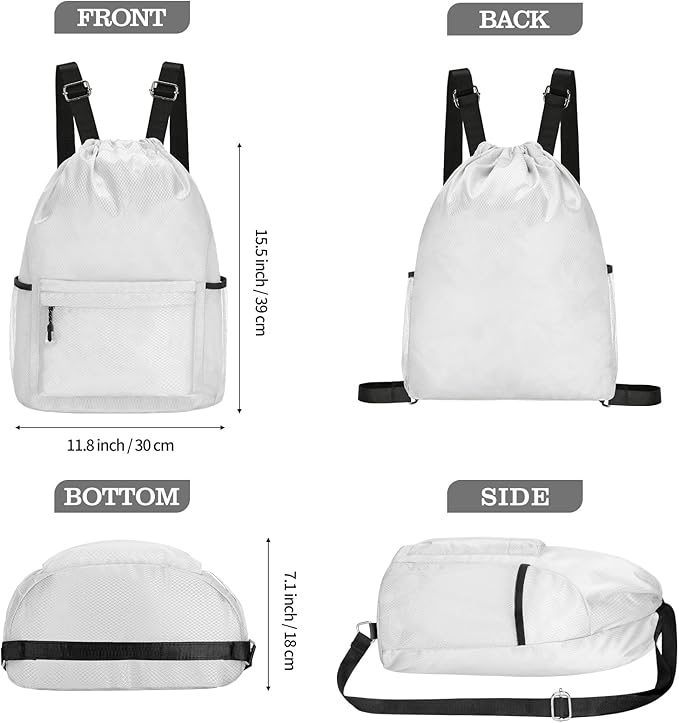 Waterproof Drawstring Bag, Lightweight String Backpack with Water Bottle Holder and Pockets, Gym Sports Cinch Sackpack (Grey)