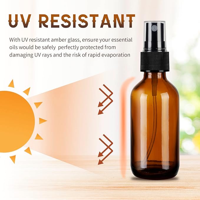 24 Pack Amber Glass Spray Bottles, 2oz/60ml Empty Glass Spray Bottles with Fine Mist, Small Leak Proof Travel Dispenser Bottles for Essential Oils, Bath, Beauty, Hair & Cleaning