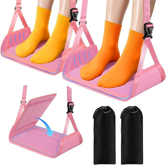 2 Pack Airplane Foot Rest - Lightweight Foot Hammock for Plane Travel with Adjustable Strap & Thick Board, Tray Table Under Desk Footrest to Relax Feet, Travel Essentials for Long Flights(Pink)