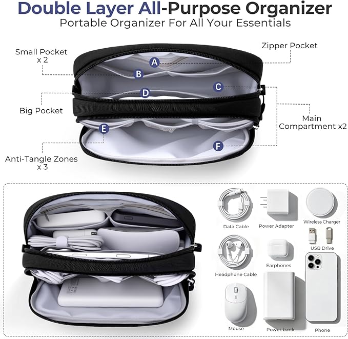 Skycase Travel Cable Organizer - Lightweight Water Resistant Dual-Layer Tech Pouch with Wrist Strap 9 Compartments Electronic Organizer Travel Case for Charger Cord Hard Drive,Small,Black