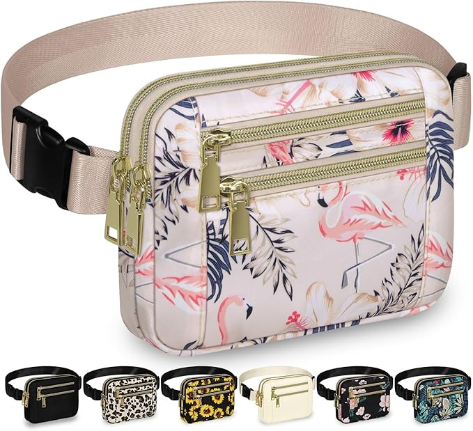 Capolo Fanny Packs for Women Fashion Waist Packs Bag with Adjustable Strap and 4 Zipper Pockets Waterproof Everywhere Crossbody Belt Bag for Workout Running Travelling(Flamingo)