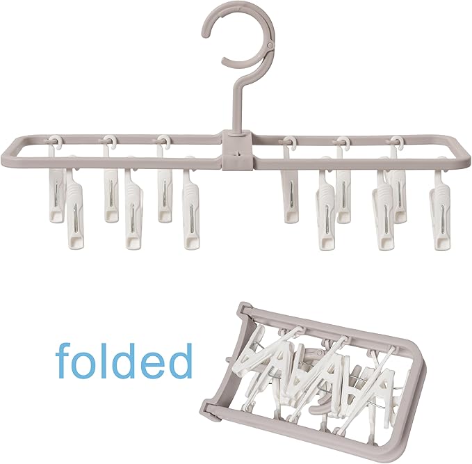 Clothes Drying Racks 2 Pack Grey Pink Small Folding Portable Underwear Hangers with 12 Clips 360° Rotatable Hook for Socks Drying Towels Bras Baby Clothes Gloves Plast 2 pcs Traceless Hook